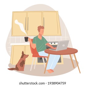 Hombre trabajando desde casa usando laptop para completar tareas y proyectos en el trabajo. Carácter masculino sentado en mesa en la cocina con mascota, persona tomando café caliente o té durante el descanso. Vector de estilo plano