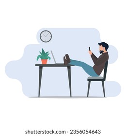 Man working from home and using laptop or computer, using mobile flat vector illustration