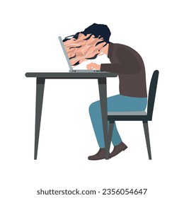 Hombre trabajando desde casa y usando laptop o computadora chupando cara adicto a la ilustración vectorial plana portátil