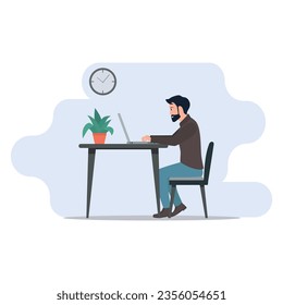 Hombre trabajando desde el hogar y utilizando ilustración vectorial plana de ordenador o portátil