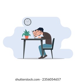 Man working from home and using laptop or computer sucking face addicted to laptop flat vector illustration