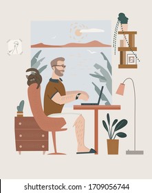 Man working at home vector illustration. Staying home concept. Homework at the computer. Freelancer at the desk. Cozy comfortable atmosphere with cat and pictures on the wall. Person with glasses.