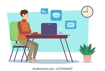 Man working from home vector illustration. Office worker sitting at desk, typing on laptop in evening on white background. Remote work, self-employment, flexible schedule concept