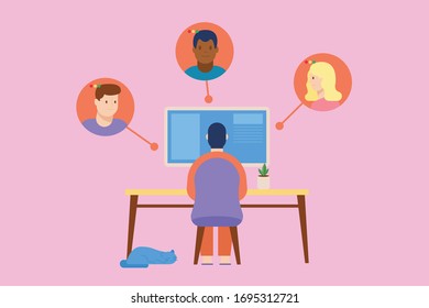 Man is working from home while have video conference with co-worker. work from home concept. Vector illustration in flat style 