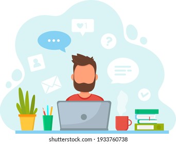  Man working from home.Home office concept.Vector illustration