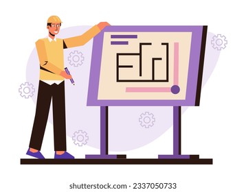 Man working with house plan, draw and make presentation. Architect working on project. House design and layout concept. Flat vector illustration in purple colors in cartoon style