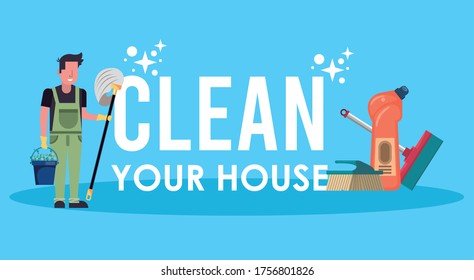 man working with housekeeping tools disinfect your house vector illustration design