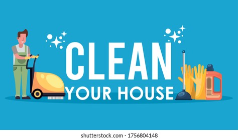 man working with housekeeping tools to disinfect a house. Vector illustration design.
