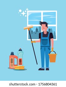 Man working with housekeeping tools to disinfect a house . Vector illustration design.