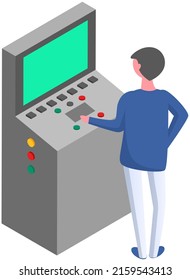 Man working with industrial electronic device. Worker pressing button at control panel. Engineer standing near computer equipment for industry. Technology, machinery for production automation control