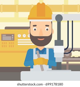 A man working with an industrial equipment on the background of factory workshop with conveyor belt vector flat design illustration. Square layout. 