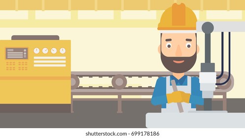 A man working with an industrial equipment on the background of factory workshop with conveyor belt vector flat design illustration. Horizontal layout. 