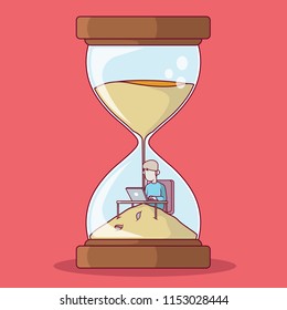 Man working inside an hourglass vector illustration. Work, Time, Death, Travel, family design concept