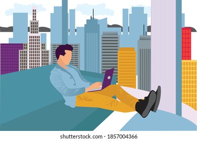 Man working inside room on laptop sitting on sofa, work from home theme vector illustration.