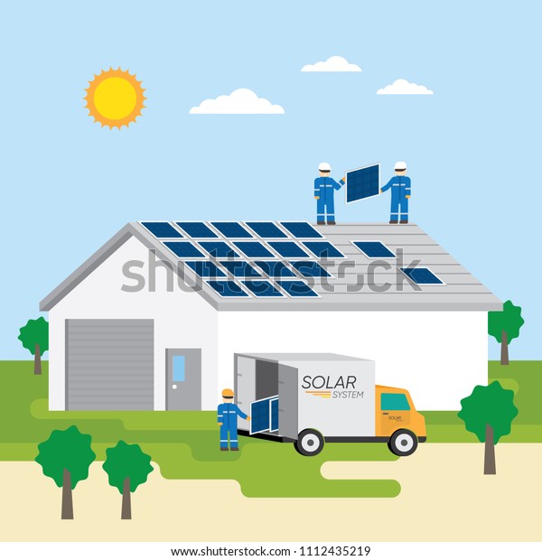 Man Working Installation Solar Cell On Stock Vector Royalty