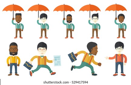 Man working as an insurance agent. Insurance agent standing safely under umbrella. Business insurance and protection concept. Set of vector flat design illustrations isolated on white background.