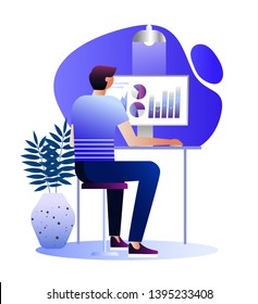 Man is working and interacting with graphs. Vector illustration of business, office worker is studying the infographic, the analysis of the evolutionary scale. Mobile application and website header