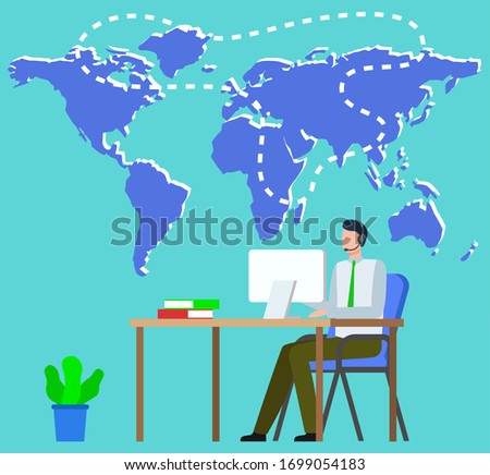 Man working with international partners vector, worldwide companies and relations. Freelance worker with laptop, map of world with location and zone in line. Office with houseplant decor of workplace