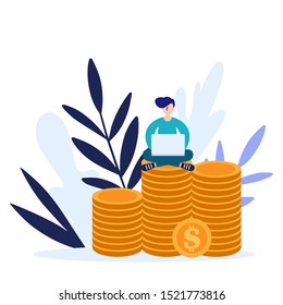 Man working in the Internet and earning money, concept of money.Flat vector illustration isolated on white background. Can use for web banner, infographics, web page.
