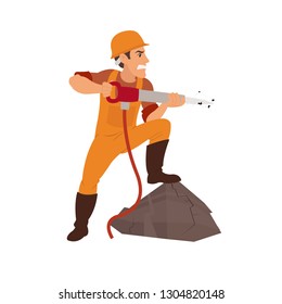 man working a jackhammer. miner drill wall. Vector illustration in flat style.