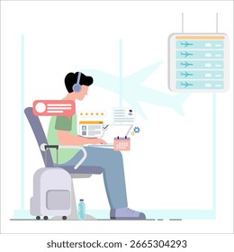 Un hombre que trabaja de una computadora portátil en el aeropuerto de pasajeros de salida del alojamiento con el fondo blanco y negro del iconoใ, diseño plano moderno del Vector del negocio