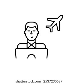 Homem trabalhando em laptop e avião. Estilo de vida nômade digital, freelance de localidades globais ao redor do mundo. Pixel perfeito, ícone de traçado editável