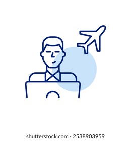 Hombre que trabaja en el ordenador portátil y el avión. Estilo de vida nómada digital, independiente de ubicaciones globales en todo el mundo. Icono de Vector perfecto de píxeles