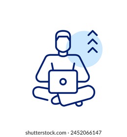Ein Mann, der am Laptop arbeitet, mit Pfeilen hinter ihr. Karrierewachstum und Erfolg bei Remote Jobs. Perfekte Pixel-Vektorgrafik