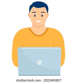 man working at laptop. The boy works at a laptop. Flat style. Good for image work, office, hiring staff. Vector illustration. Freelance or studying concept. Cute vector illustration in flat style.