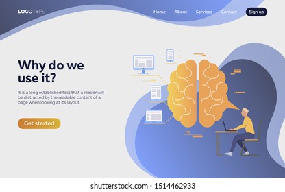 Man working at laptop. Brain, devices, productivity. Efficiency concept. Vector illustration can be used for topics like business, work, time management