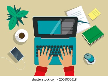 Man working with laptop. Business or freelance workplace design concept. Home office.