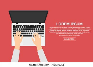 Man working with laptop. Business or freelance workplace design concept. Developer , web designer or analyst using computer. Hands on laptop in top view. Vector