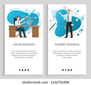 Man working with laptop, business online, internet communication, icon of wireless device, portrait view of worker character, liquid shape vector. Website or app slider, landing page flat style