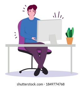 hombre trabajando con laptop y cactus en ilustración de vector de escritorio