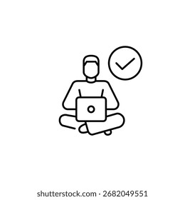 Hombre que trabaja en el ordenador portátil con la marca de verificación, acceso verificado, perfil seguro. Icono de Vector de trazo perfecto y editable