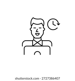 Hombre que trabaja en el ordenador portátil y el reloj. Productividad de trabajo remoto, horario freelance y tiempo de pantalla. Icono de Vector de trazo perfecto y editable