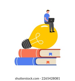 Man working with laptop computer with books and idea lightbulb in flat design on white background.