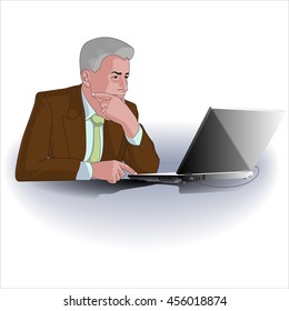 Man Working with Laptop Computer. Man in brown jacket. Vector illustration.
