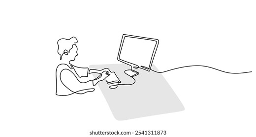 Homem trabalhando com um laptop ou computador representado em um desenho contínuo de uma linha. Conceito de trabalho e escritório. Design minimalista desenhado à mão.