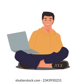 Man working with laptop and computer at desk. Software developer, programmer or system administrator with PC. Technical specialist at workplace. Colored flat vector illustration isolated on white