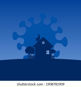 man working with laptop computer on the top roof of his house in blue shade background illustration vector.