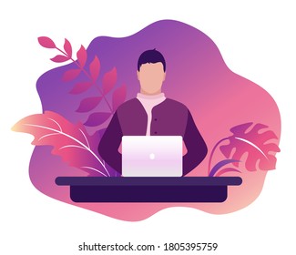 Man working at a laptop. The concept of freelance or remote work. Work from home or anywhere in the world. Vector illustration with character in trendy flat style