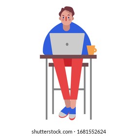 Man working at laptop concept to search for employees for remote work or organize of workday. A freelance IT worker without colleagues. Flat design illustration.