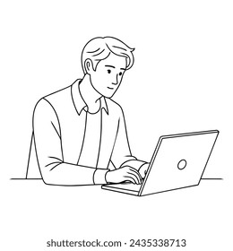 Man working laptop continuous line art vector illustration