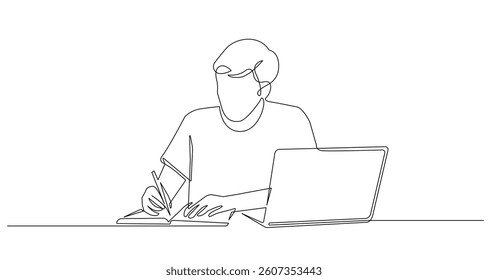 Man Working with Laptop Continuous One Line Drawing. Male Worker Simple Linear Style. Working Process in Editable Stroke. Doodle Contour Vector Illustration. Not AI