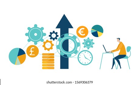 Man working with the laptop and controlling money growth process. Banking, advising, pension fund running and safe future concept. 