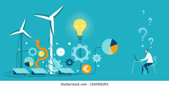 Hombre trabajando con la laptop y controlando el proceso de generadores de energía de turbinas eólicas. Fuentes de energía alternativas, un futuro ecológico, seguro el concepto del planeta. 