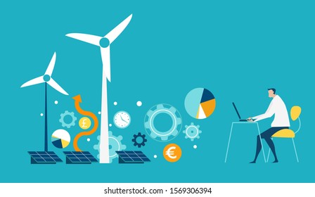 Man working with the laptop and controlling wind turbine power generators process. Alternative energy sources, eco friendly future, safe the planet concept. 