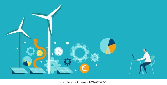 Man working with the laptop and controlling wind turbine power generators process. Alternative energy sources, eco friendly future, safe the planet concept.