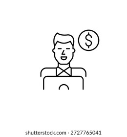 Homem trabalhando com laptop e dinheiro. Trabalho remoto, renda on-line ou banco e finanças. Pixel perfeito, ícone de vetor de traçado editável